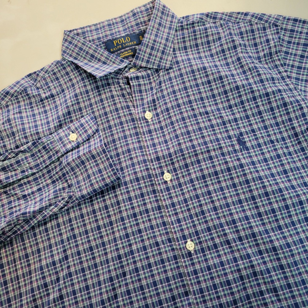 Polo Ralph Lauren Performance Shirt Mens XL Classic Fit Plaid Blue Purple